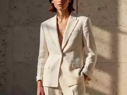 Model in einem minimalistischen, cremefarbenen Leinen-Outfit vor einer neutralen Steinfassade bei sommerlichem Tageslicht. - Foto: über boerse-global.de