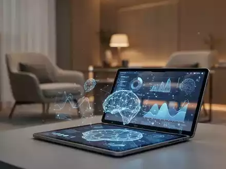 Ein Tablet mit abstrakten KI-Datenvisualisierungen in einem modernen, beruhigenden Beratungsraum. - Foto: über boerse-global.de