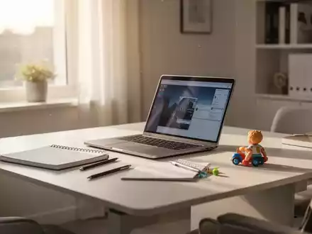 Ein moderner Homeoffice-Arbeitsplatz mit Laptop und einem Spielzeug, symbolisch für die Vereinbarkeit von Beruf und Familie. - Foto: über boerse-global.de
