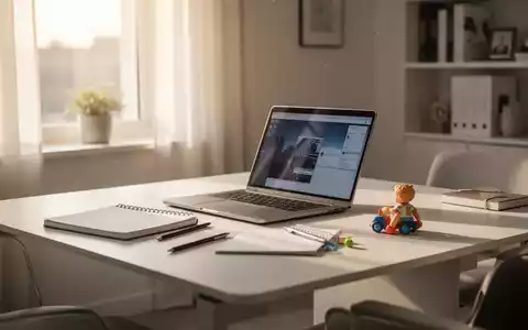 Ein moderner Homeoffice-Arbeitsplatz mit Laptop und einem Spielzeug, symbolisch für die Vereinbarkeit von Beruf und Familie. - Foto: über boerse-global.de