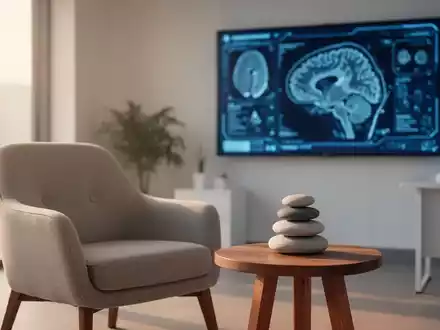 Ein minimalistisches, helles Behandlungszimmer mit Zen-Steinen und moderner Medizintechnik im Hintergrund. - Foto: über boerse-global.de