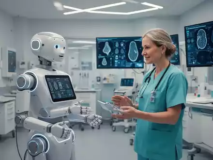 Eine Krankenschwester interagiert mit einem KI-gesteuerten Roboterassistenten in einer modernen, hochtechnologischen deutschen Gesundheitseinrichtung. - Foto: über boerse-global.de