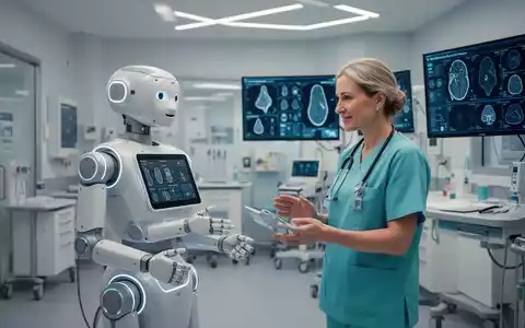 Eine Krankenschwester interagiert mit einem KI-gesteuerten Roboterassistenten in einer modernen, hochtechnologischen deutschen Gesundheitseinrichtung. - Foto: über boerse-global.de