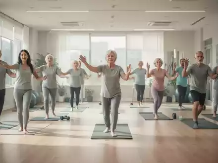 Eine diverse Gruppe von Menschen bei einem angeleiteten Fitnesskurs in einem hellen, modernen Sportraum. - Foto: über boerse-global.de