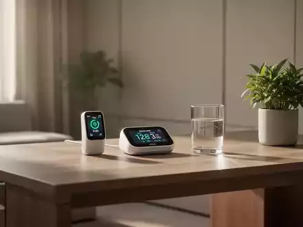 Ein minimalistischer Arbeitsplatz mit digitalen Gesundheitsgeräten und einer Pflanze im sanften Morgenlicht. - Foto: über boerse-global.de