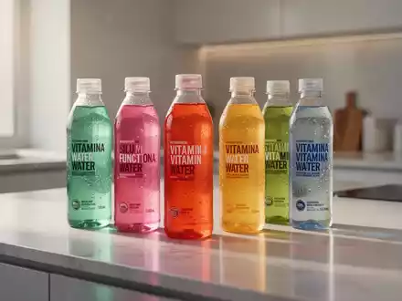 Verschiedene bunte Wellness-Getränke und Vitaminwässer auf einer modernen Küchentheke bei natürlichem Licht. - Foto: über boerse-global.de