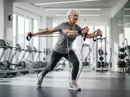 Ein fitter Senior trainiert konzentriert mit Widerstandsbändern in einem hellen, modernen Fitnessraum. - Foto: über boerse-global.de