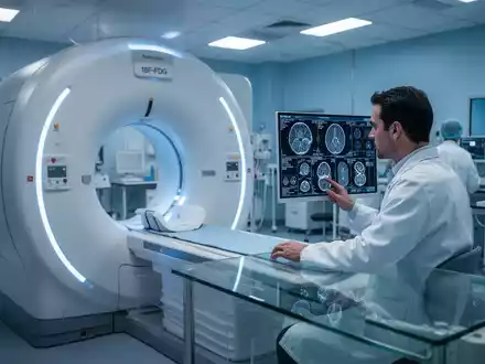 Medizinische Fachkraft betrachtet hochauflösende molekulare Bildgebungsdaten an einem modernen Monitor in einer Klinik. - Foto: über boerse-global.de