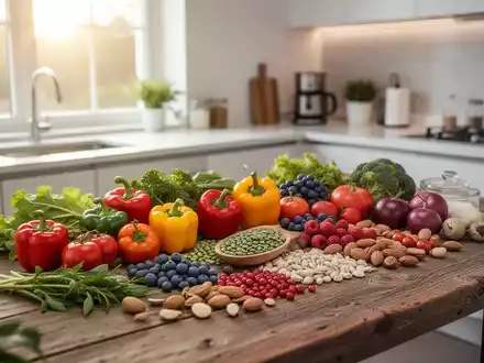 Frisches, buntes Gemüse, Hülsenfrüchte und Beeren auf einem Holztisch als Symbol für entzündungshemmende Ernährung. - Foto: über boerse-global.de