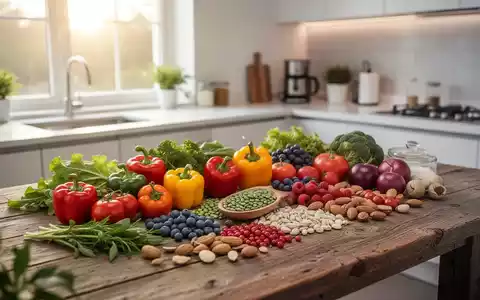 Frisches, buntes Gemüse, Hülsenfrüchte und Beeren auf einem Holztisch als Symbol für entzündungshemmende Ernährung. - Foto: über boerse-global.de