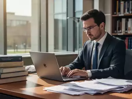 Eine promovierende Person arbeitet konzentriert an einem Laptop in einem modernen, hellen Büro an ihrer Abschlussarbeit. - Foto: über boerse-global.de