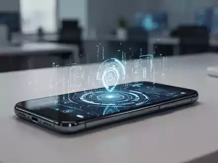 Modernes Smartphone auf einem Schreibtisch mit digitaler Datentransfer-Oberfläche, die nahtloses plattformübergreifendes Teilen darstellt. - Foto: über boerse-global.de