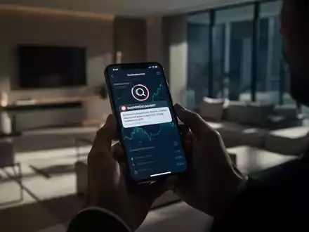 Eine Person hält ein Smartphone mit einer verdächtigen Benachrichtigung in einer modern eingerichteten Wohnung. - Foto: über boerse-global.de