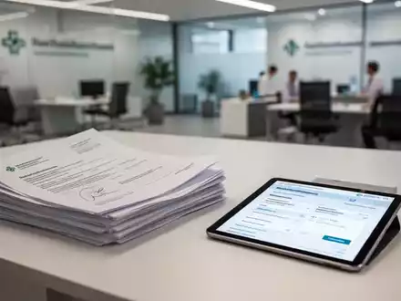 Ein Stapel offizieller Dokumente und ein Tablet mit Gesundheitsdaten auf einem Schreibtisch in einem modernen Büro. - Foto: über boerse-global.de