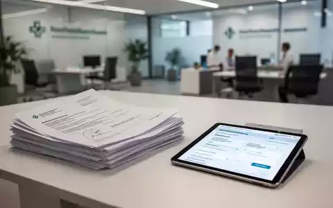 Ein Stapel offizieller Dokumente und ein Tablet mit Gesundheitsdaten auf einem Schreibtisch in einem modernen Büro. - Foto: über boerse-global.de