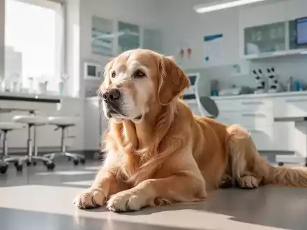 Ein älterer Golden Retriever ruht in einer modernen Tierarztpraxis, um das Thema kognitive Alterungsprozesse zu verdeutlichen. - Foto: über boerse-global.de