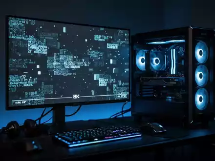 Moderner Gaming-PC in einem dunklen, blau beleuchteten Raum mit Retro-Spielcode auf einem Bildschirm. - Foto: über boerse-global.de