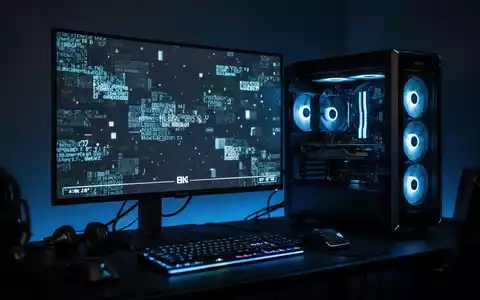 Moderner Gaming-PC in einem dunklen, blau beleuchteten Raum mit Retro-Spielcode auf einem Bildschirm. - Foto: über boerse-global.de
