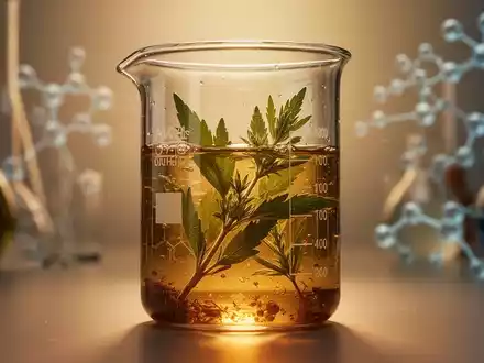 Ein Laborbecher mit einem pflanzlichen Extrakt vor einem unscharfen, wissenschaftlichen Hintergrund. - Foto: über boerse-global.de