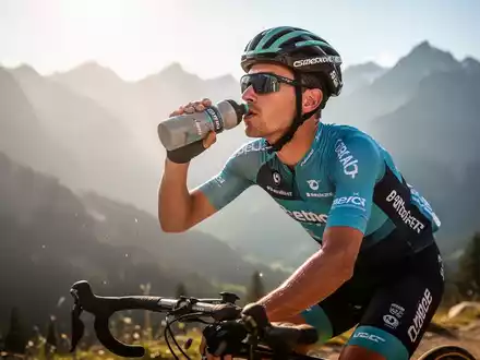 Ein Profi-Radrennfahrer trinkt während einer sonnigen Bergetappe aus einer Trinkflasche bei sommerlicher Hitze. - Foto: über boerse-global.de
