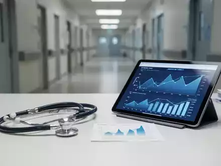 Stethoskop und digitales Tablet mit Finanzgrafiken auf einem Schreibtisch vor einem unscharfen Klinikflur. - Foto: über boerse-global.de