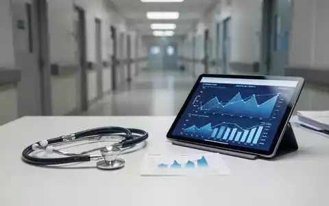 Stethoskop und digitales Tablet mit Finanzgrafiken auf einem Schreibtisch vor einem unscharfen Klinikflur. - Foto: über boerse-global.de
