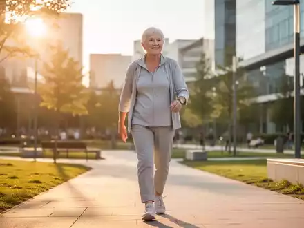 Eine aktive ältere Person beim Spaziergang in einem sonnigen Park als Symbol für einen gesunden Lebensstil. - Foto: über boerse-global.de