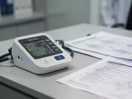Ein Blutdruckmessgerät auf einem Schreibtisch in einer Arztpraxis neben einem medizinischen Bericht. - Foto: über boerse-global.de