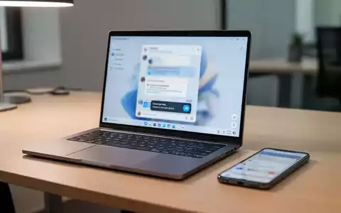 Ein Windows 11-Laptop und ein Android-Smartphone auf einem Schreibtisch, die nahtlose geräteübergreifende Kommunikation darstellen. - Foto: über boerse-global.de