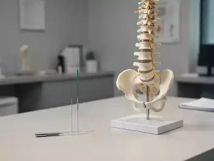 Akupunkturnadel neben einem anatomischen Modell der menschlichen Wirbelsäule in einer modernen orthopädischen Praxis. - Foto: über boerse-global.de
