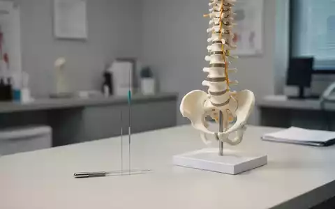 Akupunkturnadel neben einem anatomischen Modell der menschlichen Wirbelsäule in einer modernen orthopädischen Praxis. - Foto: über boerse-global.de
