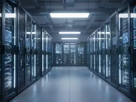 Reihen leuchtender Server-Racks in einem modernen Rechenzentrum, die Investitionen in KI-Infrastruktur repräsentieren. - Foto: über boerse-global.de