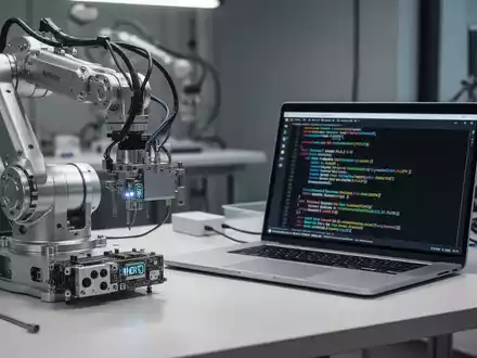 Moderner Arbeitsplatz mit Robotik-Hardware und Computercode auf einem Laptop-Bildschirm, der Embedded-Systems-Engineering darstellt. - Foto: über boerse-global.de