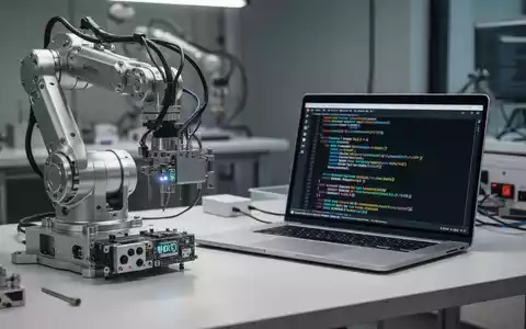 Moderner Arbeitsplatz mit Robotik-Hardware und Computercode auf einem Laptop-Bildschirm, der Embedded-Systems-Engineering darstellt. - Foto: über boerse-global.de