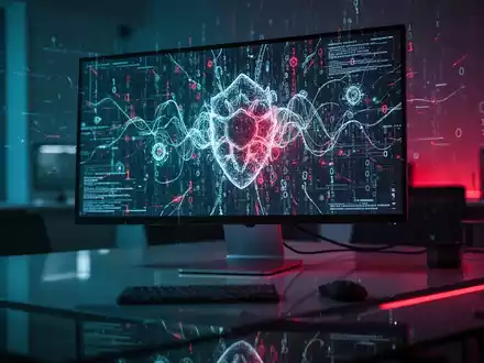 Ein beleuchteter Computermonitor in einem dunklen Büro, der digitale Bedrohungsszenarien und abstrakte Binärcodes anzeigt. - Foto: über boerse-global.de