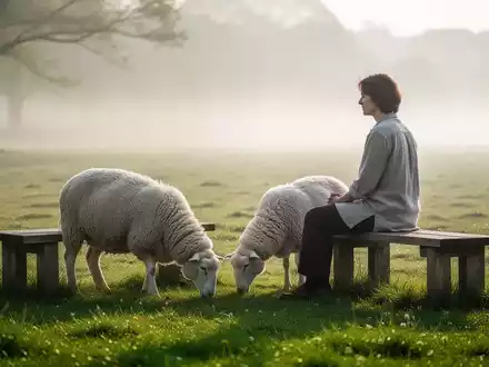 Eine friedliche Szene in einer Weide, in der ein Mensch achtsam neben einem Schaf sitzt, symbolisiert bewusste Tierhaltung. - Foto: über boerse-global.de