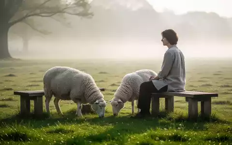 Eine friedliche Szene in einer Weide, in der ein Mensch achtsam neben einem Schaf sitzt, symbolisiert bewusste Tierhaltung. - Foto: über boerse-global.de