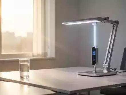 Modernes Büro mit einer Schreibtischlampe, die ein integriertes UV-B-Modul zur Unterstützung der Vitamin-D-Synthese zeigt. - Foto: über boerse-global.de