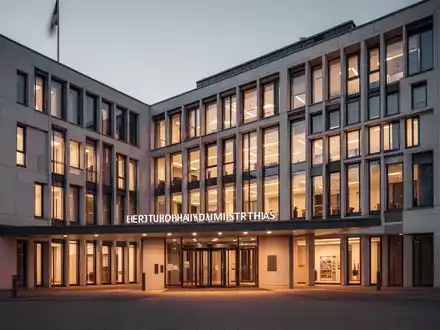 Modernes Rathaus in der Dämmerung als Symbol für kommunale Finanzverwaltung und Haushaltsplanung. - Foto: über boerse-global.de