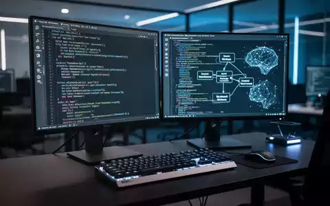 Moderner Entwickler-Arbeitsplatz mit Code auf zwei Monitoren und ambienter Bürobeleuchtung, die KI-Coding-Tools repräsentiert. - Foto: über boerse-global.de
