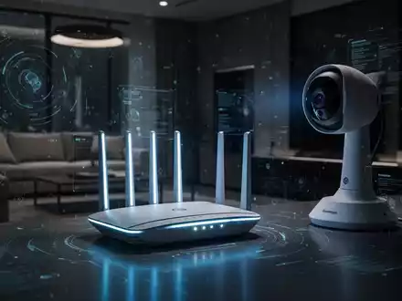 Glühender Smart-Home-Router und Sicherheitskamera in einem schwach beleuchteten Raum, die digitale Sicherheitslücken darstellen. - Foto: über boerse-global.de