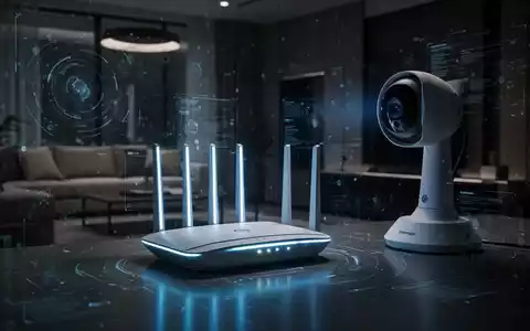 Glühender Smart-Home-Router und Sicherheitskamera in einem schwach beleuchteten Raum, die digitale Sicherheitslücken darstellen. - Foto: über boerse-global.de