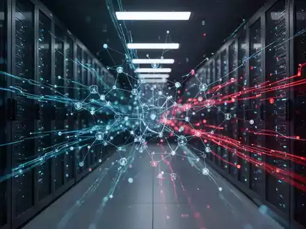 Abstrakte Darstellung eines Rechenzentrums mit leuchtenden digitalen Datenströmen als Symbol für Cybersicherheit. - Foto: über boerse-global.de