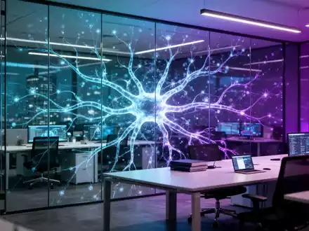 Modernes Büro mit leuchtender, abstrakter digitaler neuronaler Netzwerk-Visualisierung auf einer Glaswand. - Foto: über boerse-global.de