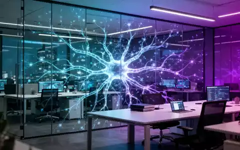 Modernes Büro mit leuchtender, abstrakter digitaler neuronaler Netzwerk-Visualisierung auf einer Glaswand. - Foto: über boerse-global.de