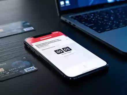 Ein Smartphone-Display mit einer Phishing-E-Mail und einem Countdown-Timer auf einem Schreibtisch neben einer Kreditkarte. - Foto: über boerse-global.de