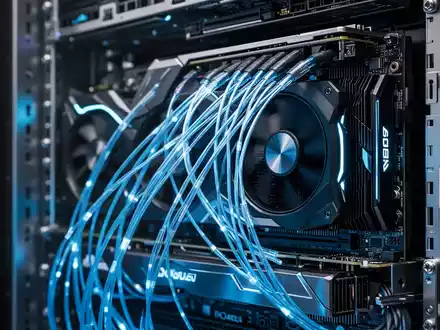 Nahaufnahme moderner Server-Rack-Hardware mit leuchtenden Glasfaserkabeln in einem Rechenzentrum. - Foto: über boerse-global.de