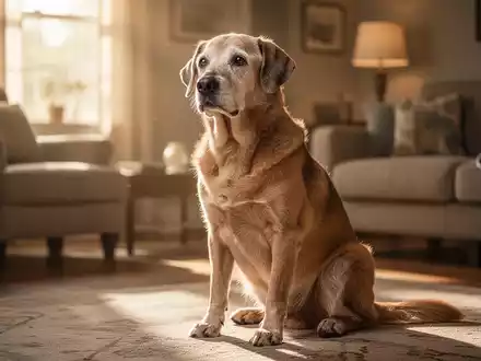 Ein älterer Hund blickt aufmerksam in einem hellen, freundlichen Wohnzimmer in die Kamera. - Foto: über boerse-global.de