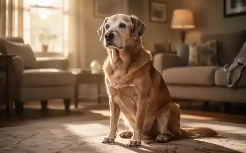 Ein älterer Hund blickt aufmerksam in einem hellen, freundlichen Wohnzimmer in die Kamera. - Foto: über boerse-global.de