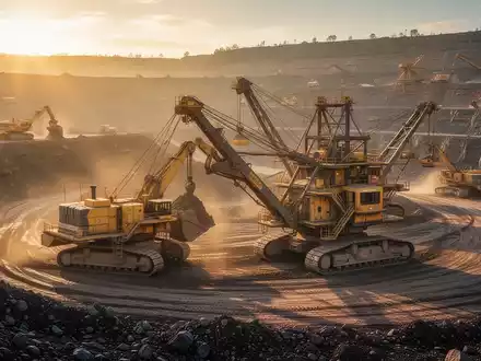 Goldminenbetrieb mit schwerem Gerät in einer Tagebau-Mine bei Sonnenuntergang. - Foto: über boerse-global.de